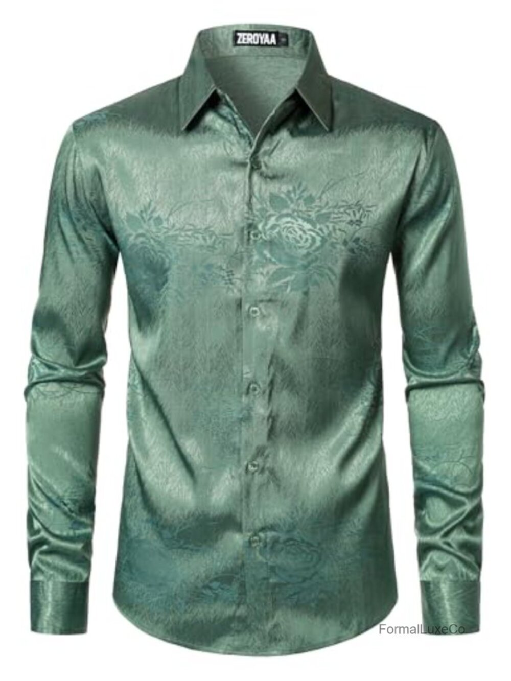 Men's Satin Rose Floral Jacquard Dress Shirt Slim Fit Button Down